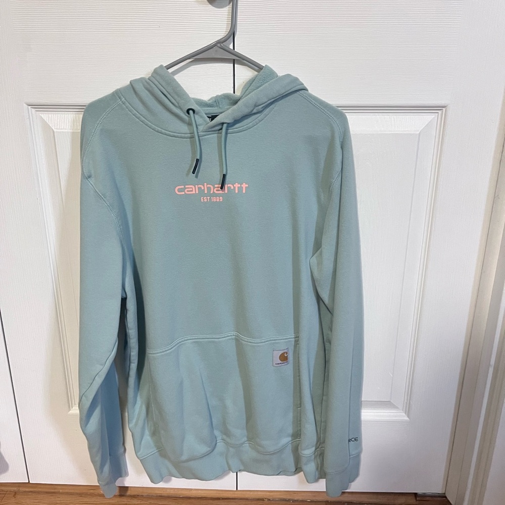 Carhartt Men's Crewneck Hoodie - Light Teal with Pink Logo